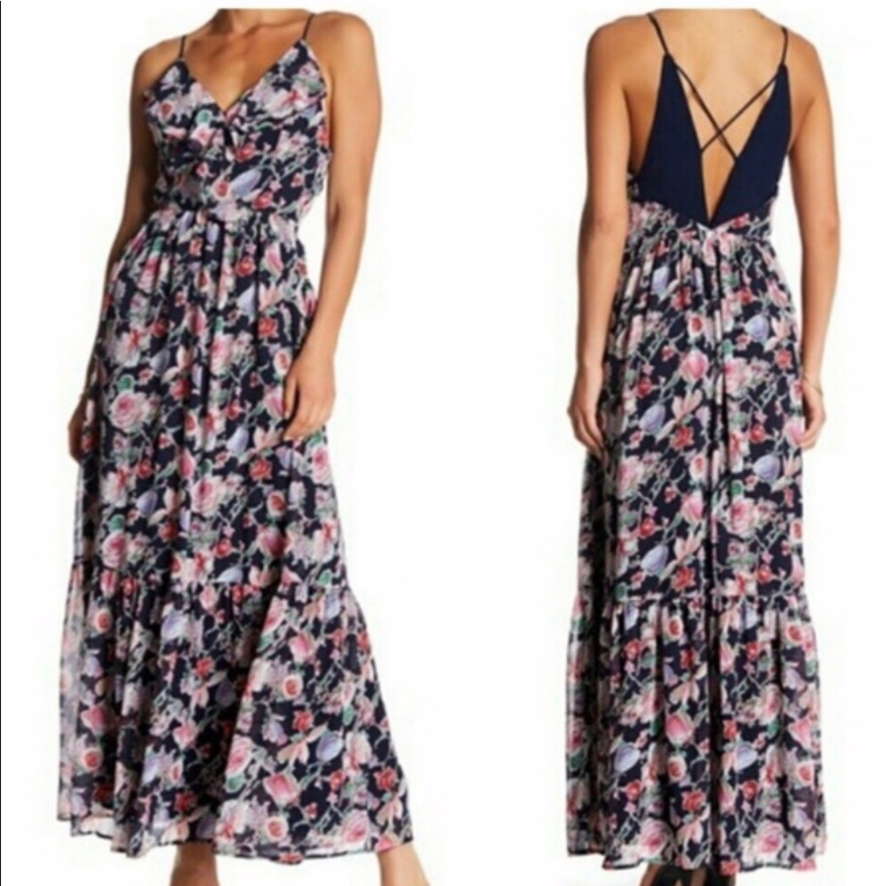 Adelyn Rae blue floral criss cross maxi dress L